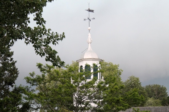 Our view of the Mission Church steeple from our bedroom window. See those dark clouds . . .